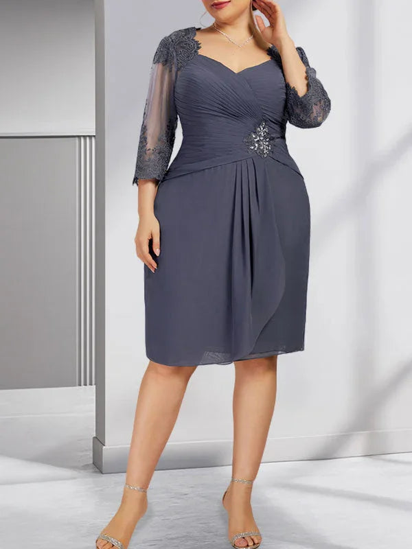 Sheath/Column Sweetheart Knee-Length Chiffon Mother of the Bride Dress With Beading Appliques Lace Sequins Pleated