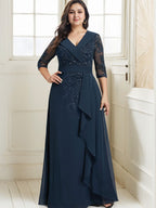 A-line Collared V-Neck Floor-Length Lace Chiffon Mother of the Bride Dress With Sequins Cascading Ruffles