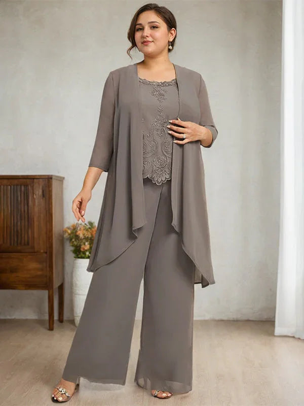 Tuta Separata/Completo Pantaloni Scollo a U Lunghezza Pavimento Chiffon Pizzo Abito Madre della Sposa con Perline e Paillettes