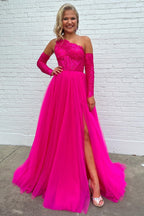 A-line One Shoulder Lace Tulle Prom Dress with Slit