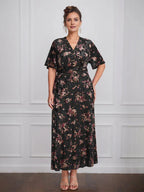 Vintage Plain V-Neck Short Sleeves Velvet Tea-Length Mother of the Bride Dress With Slit