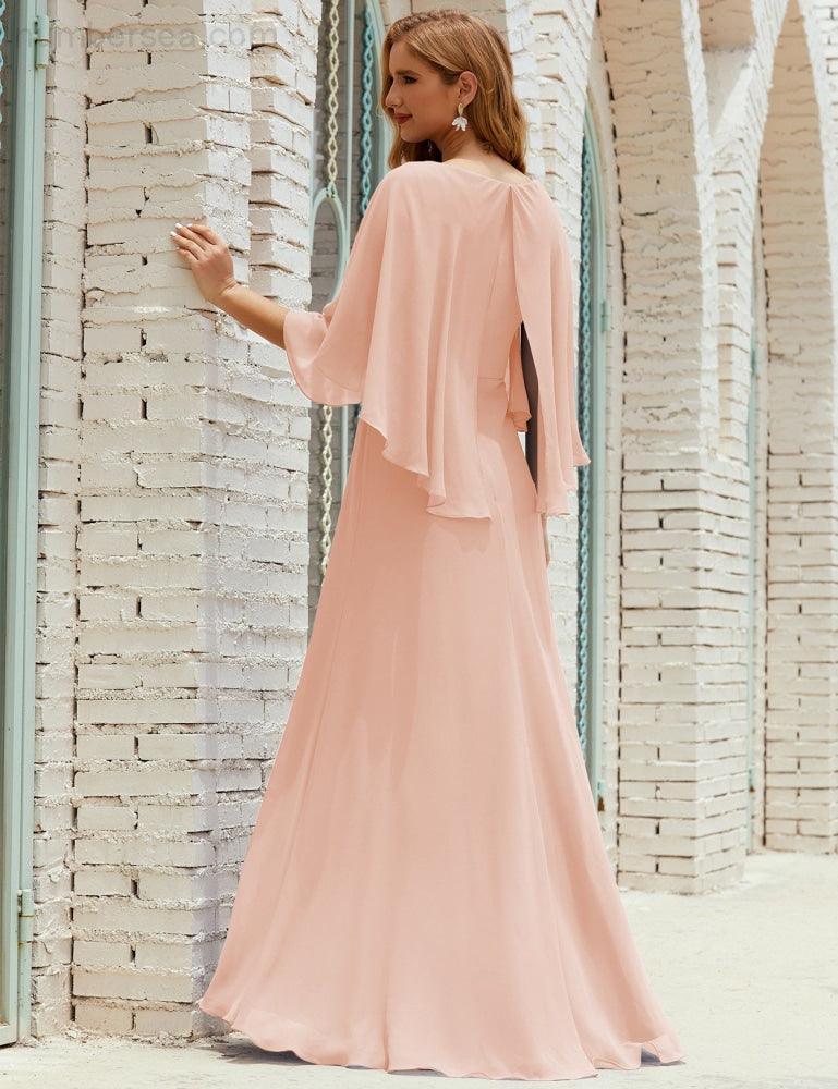 Bridesmaid Dress Women Long Sleeve V-Neck Chiffon Formal Wedding Party Dress 28018