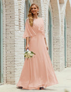 Bridesmaid Dress Women Long Sleeve V-Neck Chiffon Formal Wedding Party Dress 28018