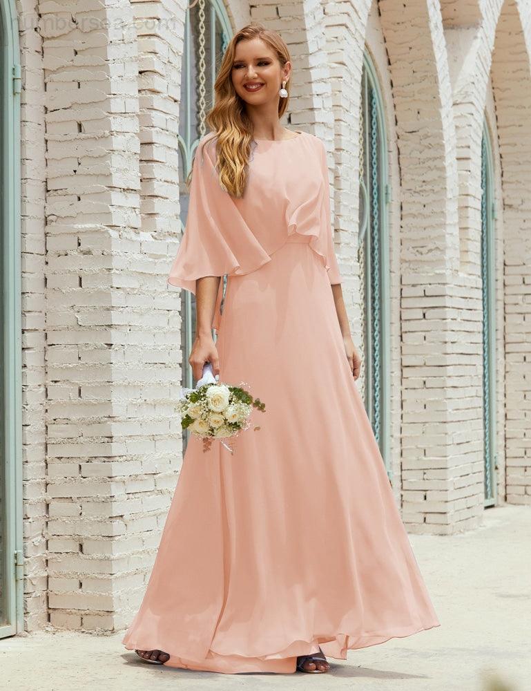 Bridesmaid Dress Women Long Sleeve V-Neck Chiffon Formal Wedding Party Dress 28018