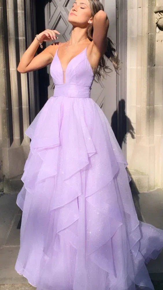 Fliederfarbenes Abendkleid mit V-Ausschnitt Elegantes Ballkleid Y43