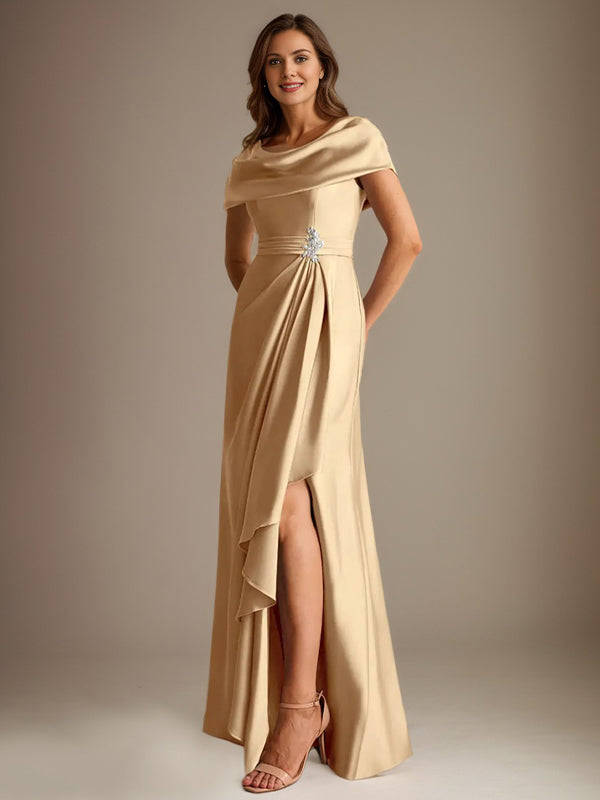 A-Line Scoop Floor-Length Stretch Satin Mother of the Bride Dress With Cascading Ruffles