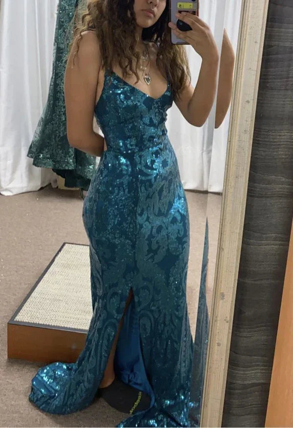 Glitter Sequin Mermaid Prom Dress Long Backless Evening Dress Y7906