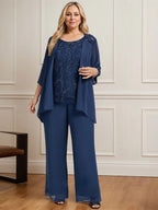 Macacão/Conjunto de Calças com Decote Redondo, Comprimento até ao Chão, em Renda e Chiffon, Vestido de Mãe da Noiva com Lantejoulas