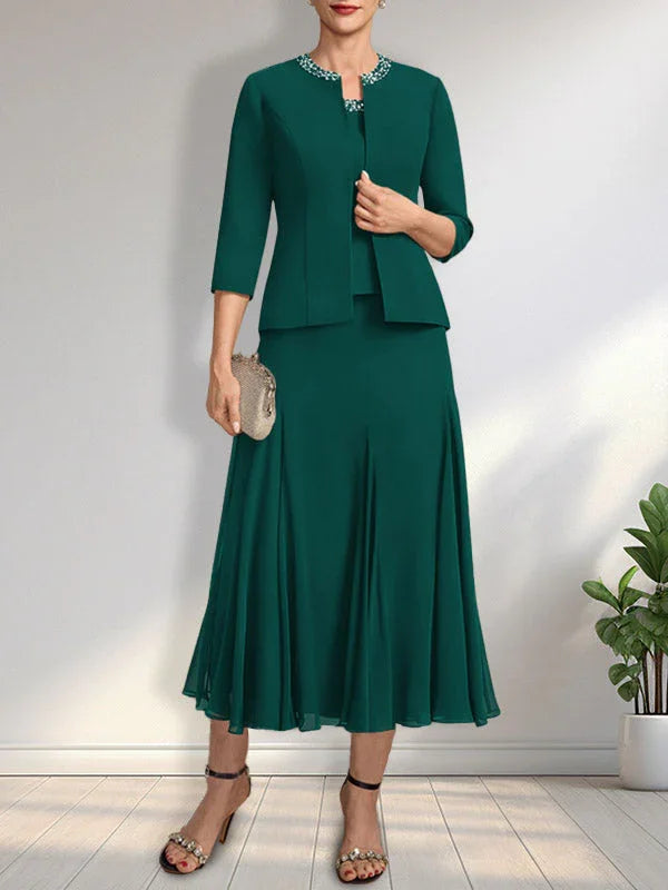 Getrenntes A-Linien Kleid mit U-Boot-Ausschnitt in Tee-Länge aus Chiffon für die Brautmutter mit Paillettenstickerei