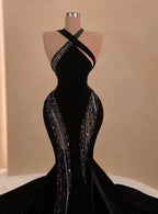 Abito lungo da sera nero sirena con strascico, elegante vestito da sera nero Y4178