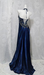 Vestido de Noite Formal Azul-Marinho Luxuoso com Contas e Fenda Vestido de Baile Y7723