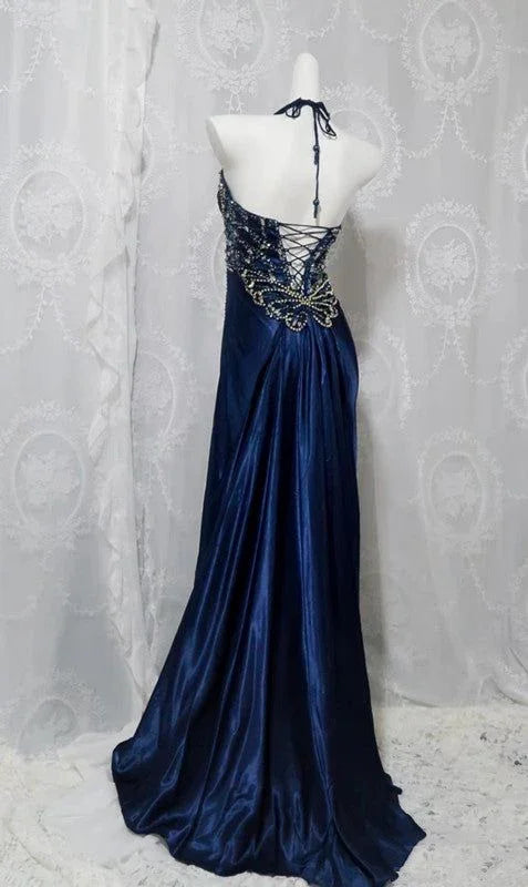 Vestido de Noite Formal Azul-Marinho Luxuoso com Contas e Fenda Vestido de Baile Y7723