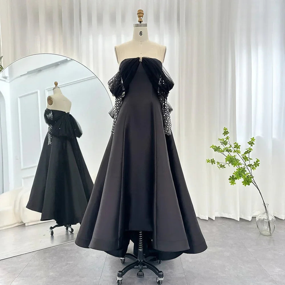 Vestidos de noche lujosos de Dubái para mujer Fiesta de boda Vestido de gala negro de manga larga para baile de graduación Y4621