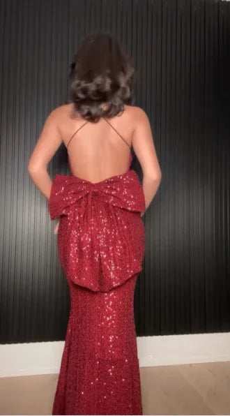 Vestido de Noite Elegante Cauda de Sereia em Lantejoulas Borgonha, Costas Descobertas, Comprido, com Laço Y8510