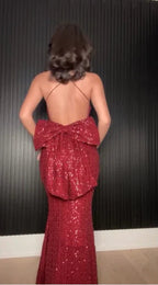 Vestido de Noite Elegante Cauda de Sereia em Lantejoulas Borgonha, Costas Descobertas, Comprido, com Laço Y8510