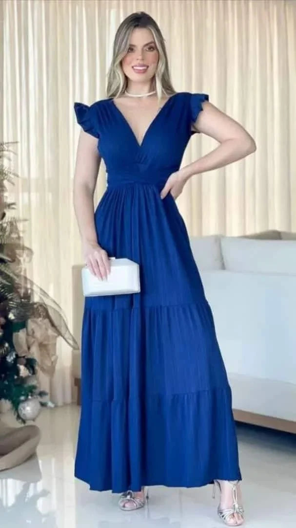 فستان سهرة أزرق برقبة على شكل حرف V وقصة على شكل حرف A مودست Y5085