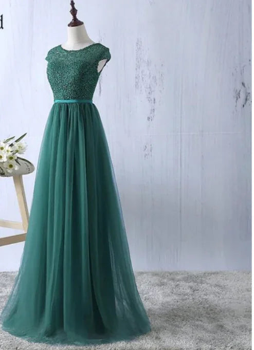 Top de encaje de tul verde con cuello redondo, vestidos largos de noche, vestido formal sencillo S6796