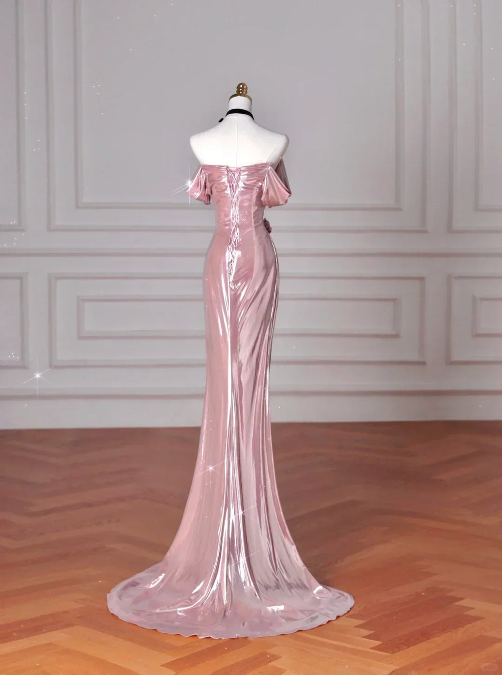 Vestido Longo de Cetim Rosa Deslumbrante com Ombros Descobertos, Estilo Sereia, para Baile e Noite Y8630