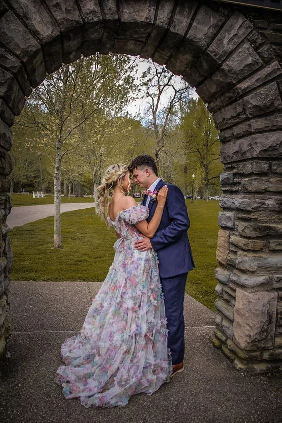 Vestido longo elegante de festa com flores e decote ombro a ombro, vestido de noite em tule Y5889