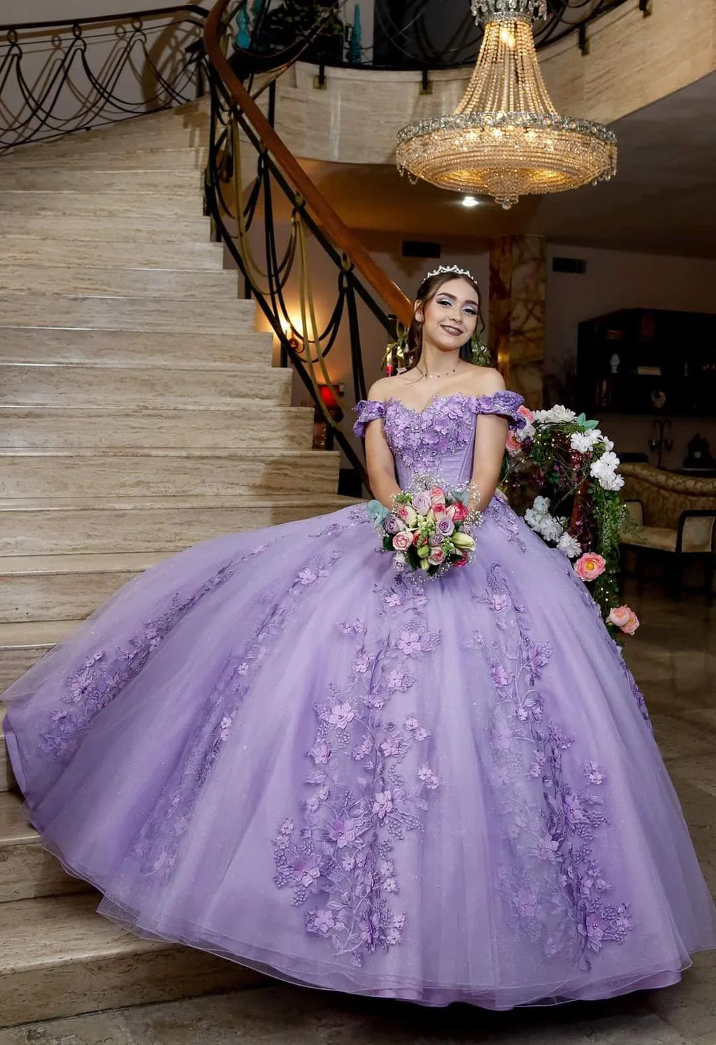 Vestido de baile roxo com aplicações de tule e decote ombro a ombro, vestido para os 16 anos Y5472