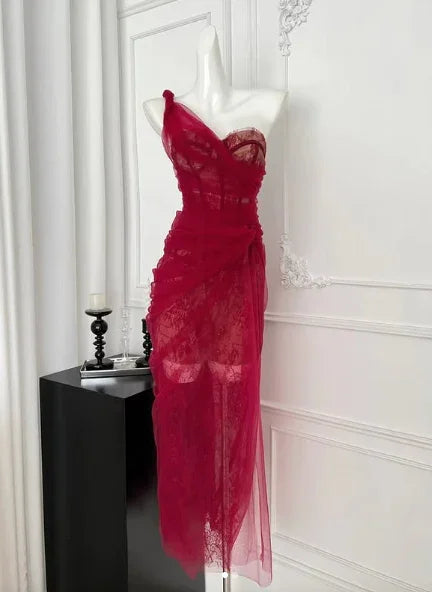 Vestido de Baile em Renda de Tule Borgonha Bonito Vestido de Noite Y8506