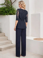 Combinaison/Pantalon Séparés Col Rond Longueur Sol en Mousseline Dentelle Robe de la Mère de la Mariée avec Paillettes