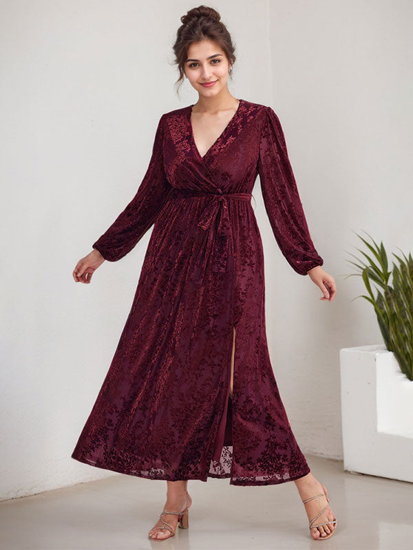 A-Line V-Neck Long Sleeves Velvet Tea-Length Mother of the Bride Dress With Split