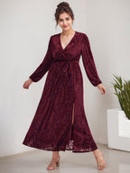 A-Line V-Neck Long Sleeves Velvet Tea-Length Mother of the Bride Dress With Split