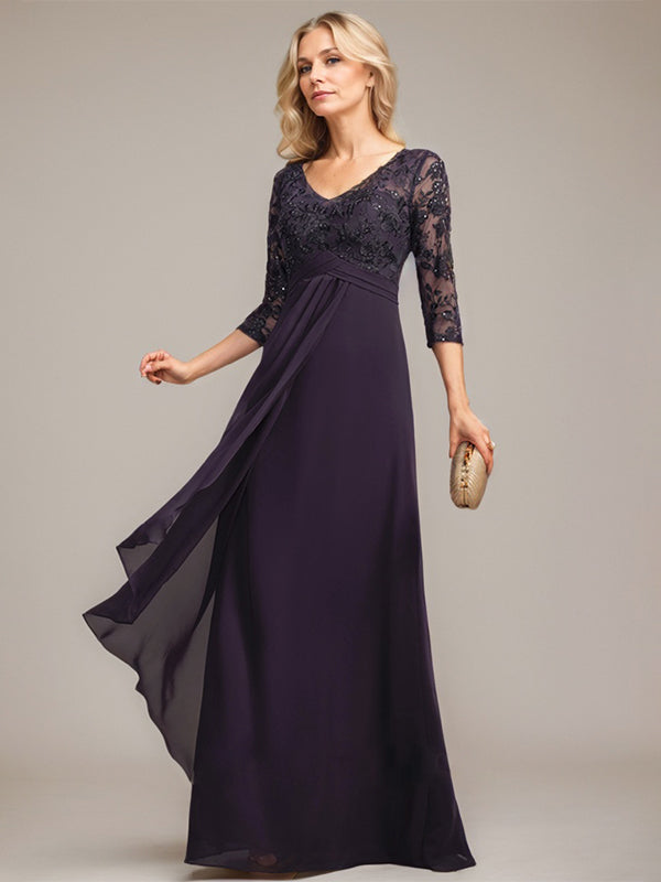 A-line V-Neck Floor-Length Lace Chiffon Mother of the Bride Dress With Cascading Ruffles Sequins