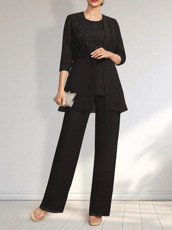 Tuta/Pantaloni Separati con Scollo a U, Lunghezza a Terra, in Chiffon e Pizzo, Abito per Madre della Sposa con Paillettes
