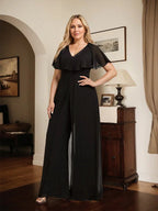 Tuta elegante da sera in chiffon, scollo a V, lunghezza fino al pavimento