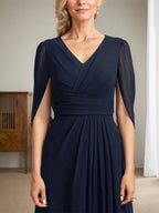Dark Navy A-Line V-Neck Long Mother of Bride Dress