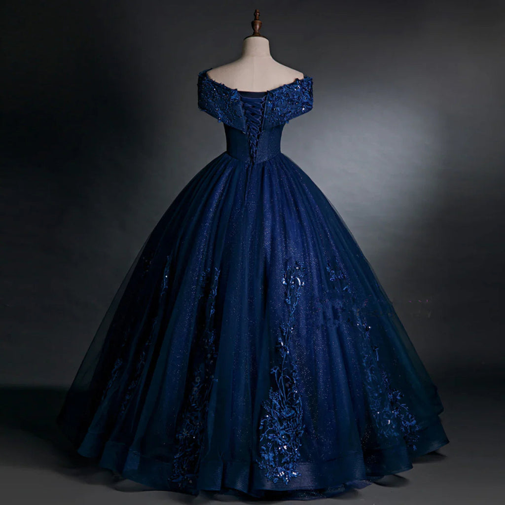 Beautiful Navy Blue Appliques Beaded Ball Gown Off The Shoulder Evening Dress Y7677