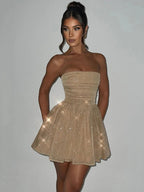Sexy Mesh Doppelschicht Ärmelloses Kleid Frauen Reißverschluss Enge Rüschen Glänzende Mini Weibliche Elegante Party Club Abendkleid 