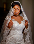Bridal Long Sleeves Mermaid Wedding Dress With Lace Built In Bra Pearls