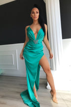 Sexy lungo abito da sera in raso a sirena con scollo a V e spacco