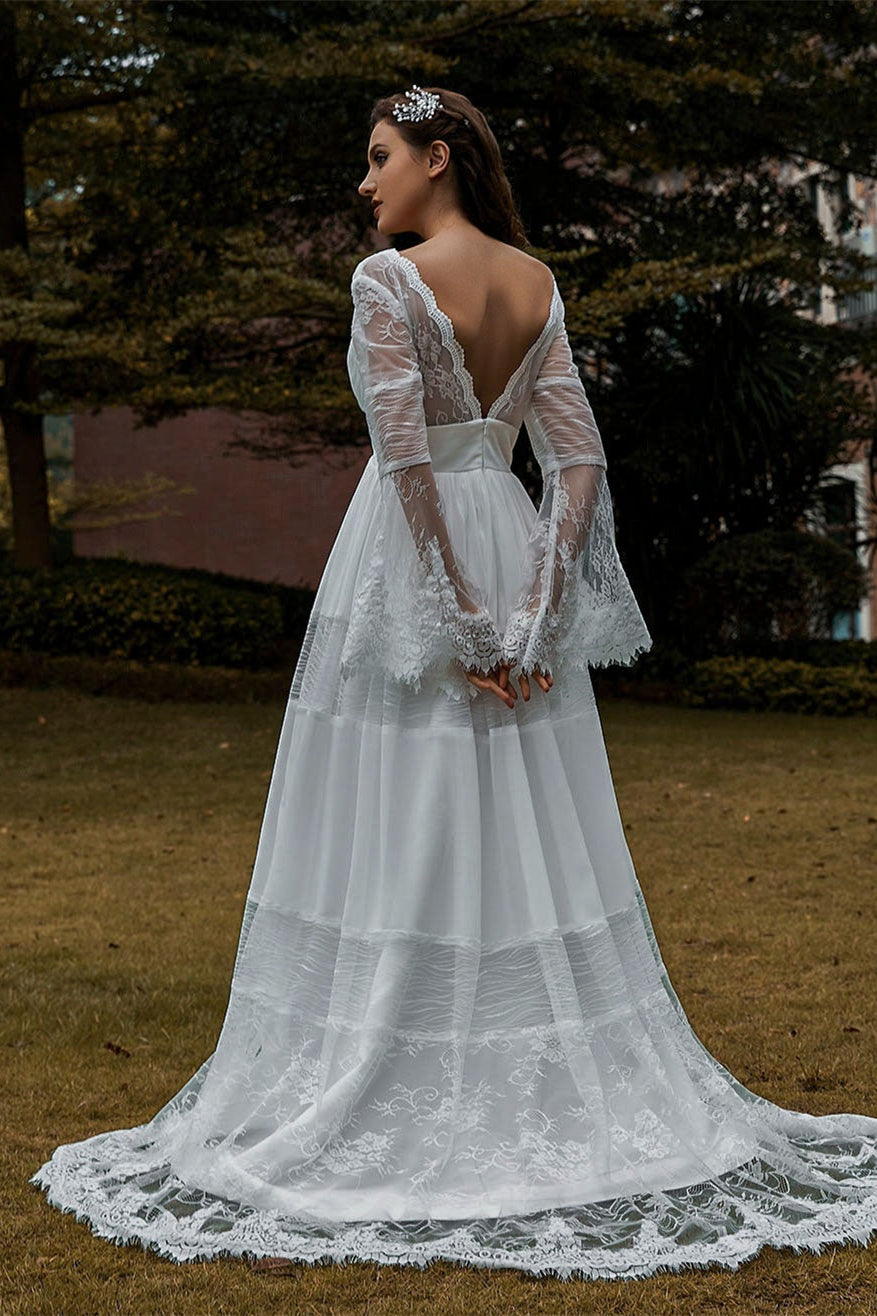 Long Sleeve Lace Boho Wedding Dress For Romantic Vintage Charm