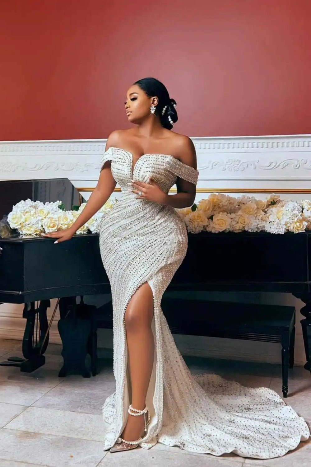 Off The Shoulder Beaded Sequined Mermaid Wedding Dress With Split Front