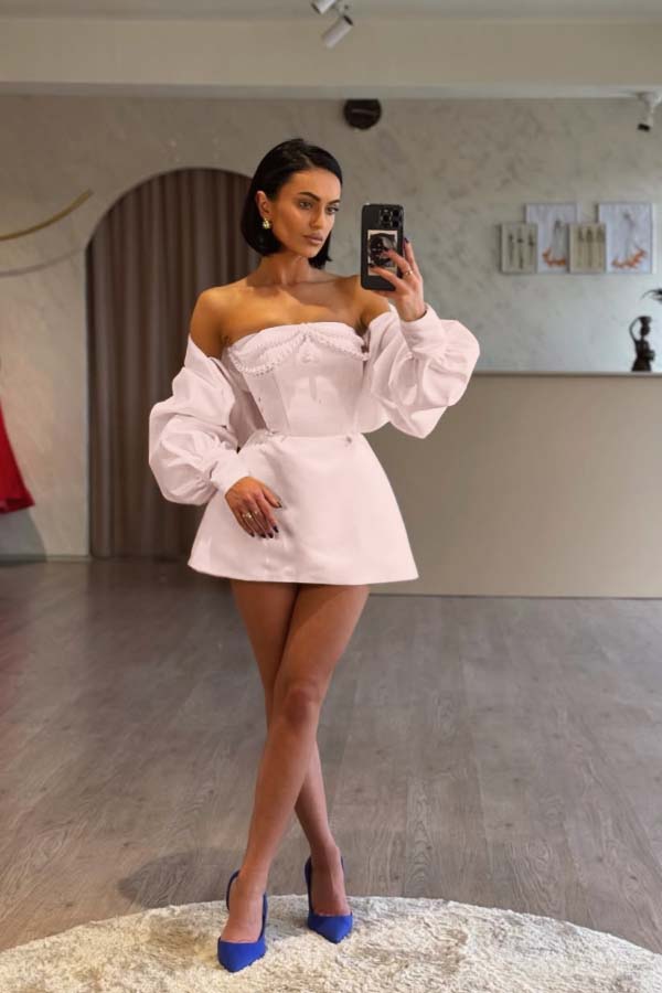 Spaghetti Strap Long Sleeves A Line Prom Dress With Beading