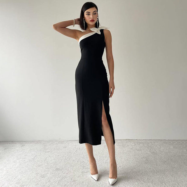 TARUXY Collare Asimmetrico ad Arco Abito Midi Sexy Spaccato Donna Colore Contrastante Senza Maniche Elegante Abito da Sera per Club Abbigliamento alla Moda con Inserti