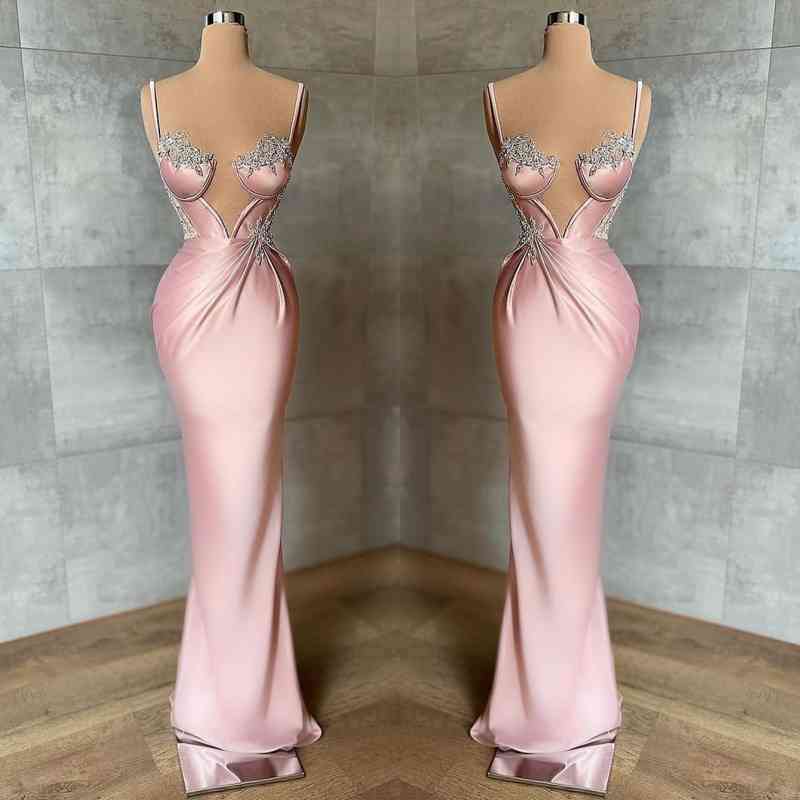 Langes Meerjungfrau-Abendkleid aus Satin mit Herzausschnitt und Spaghettiträgern und Perlenbesatz