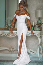 Pink Sequins Off Shoulder Mermaid Prom Dress With Slit Custom Colors And Sizing