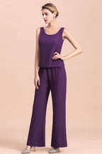 BMbridal Affordable Straps Beading Grape Chiffon Mother of Bride Jumpsuit Online with Wrap