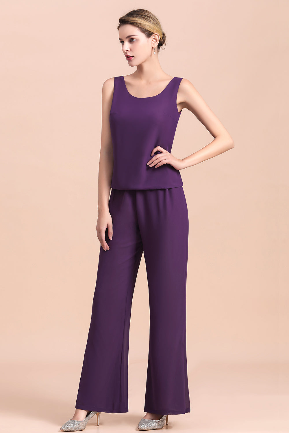 BMbridal Affordable Straps Beading Grape Chiffon Mother of Bride Jumpsuit Online with Wrap