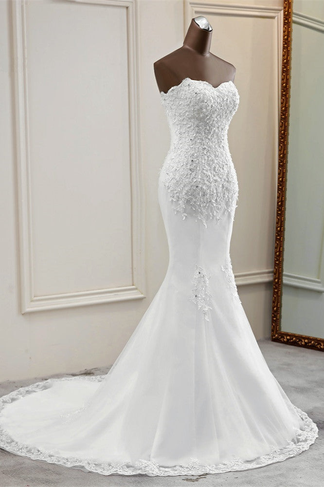 Chic Long Mermaid Strapless Lace Appliques Beaded Wedding Dress
