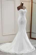 Chic Long Mermaid Strapless Lace Appliques Beaded Wedding Dress