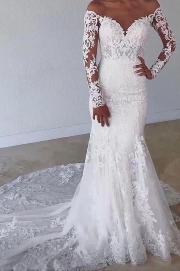 Elegant Long Sleeve Mermaid Wedding Dress with Lace and Sweetheart Neckline