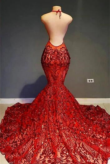 Halter Deep V Neck Open Back Sexy Lace Mermaid Prom Gown