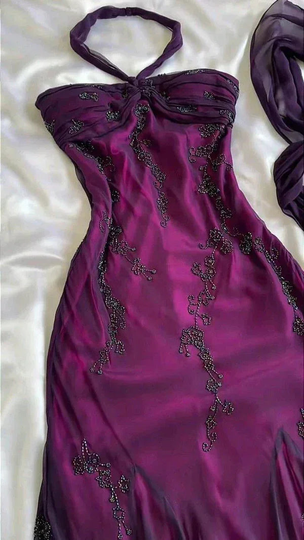 Vintage Neckholder Lila Perlen Chiffon Meerjungfrau Ballkleid Langes Festliches Abendkleid Y7503
