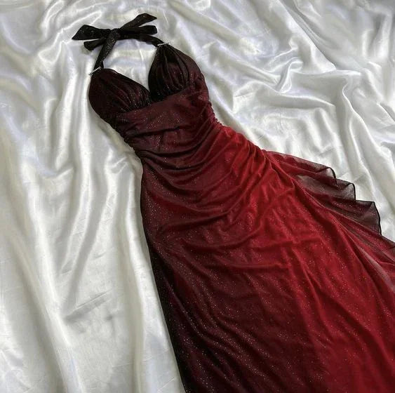 Sexy Neckholder Kleid mit Farbverlauf in Rot, V-Ausschnitt, langer Chiffon-Abendkleid für Ball und Fest Y7485